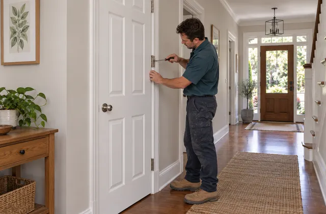 A screwdriver tightening a hinge screw on a timber door