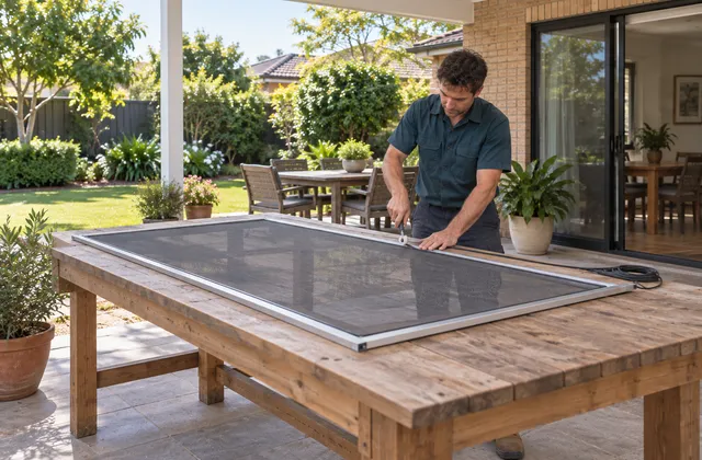 A spline roller pressing mesh and rubber spline into a flyscreen frame