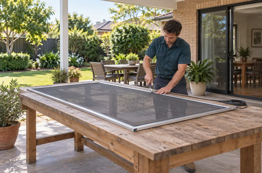 A spline roller pressing mesh and rubber spline into a flyscreen frame