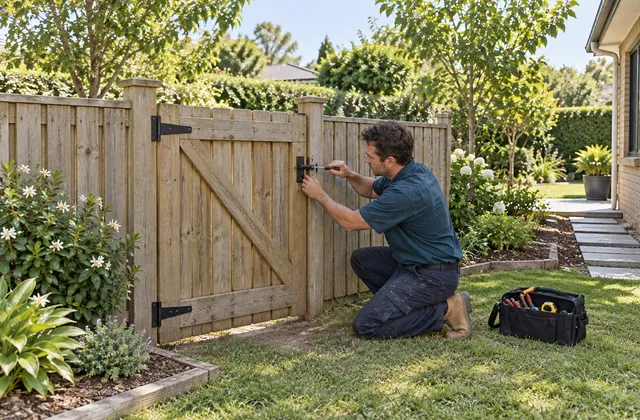 A screwdriver adjusting a latch on an ordinary timber garden gate
