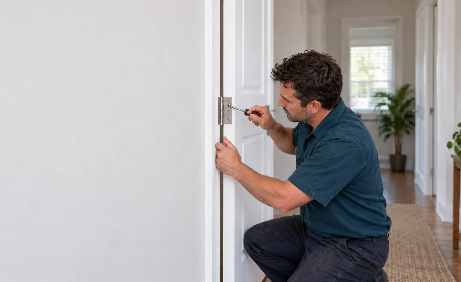 Handyman tightening a screw on an internal door hinge
