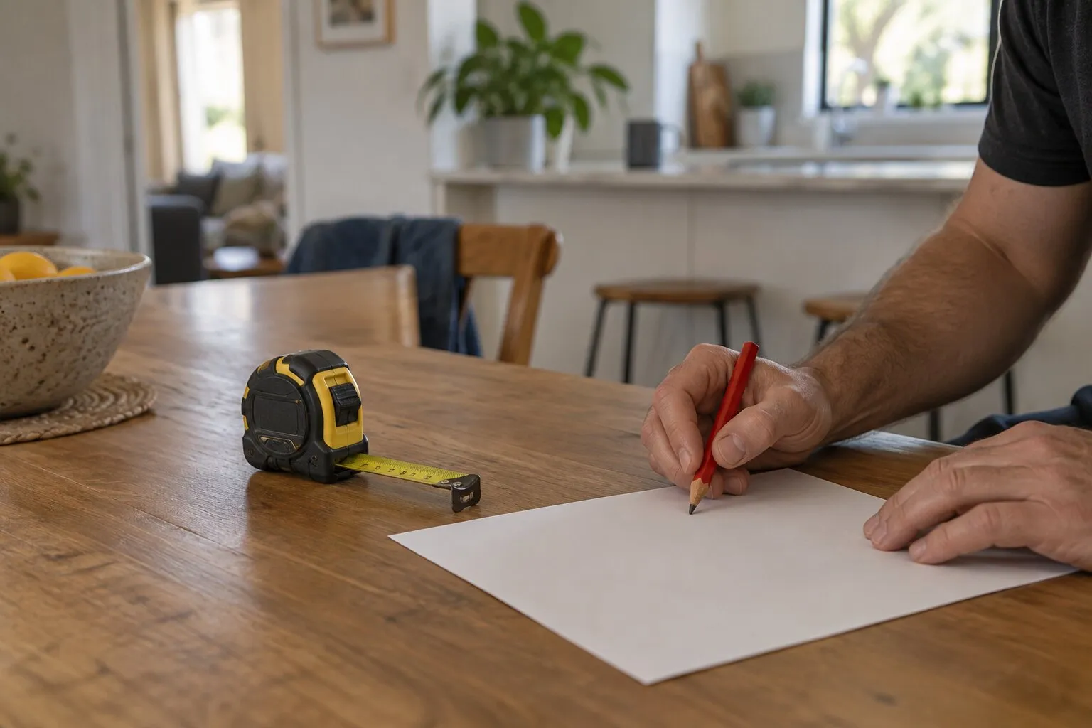 Handyman cost, Bankstown: tape measure and blank paper on a timber table