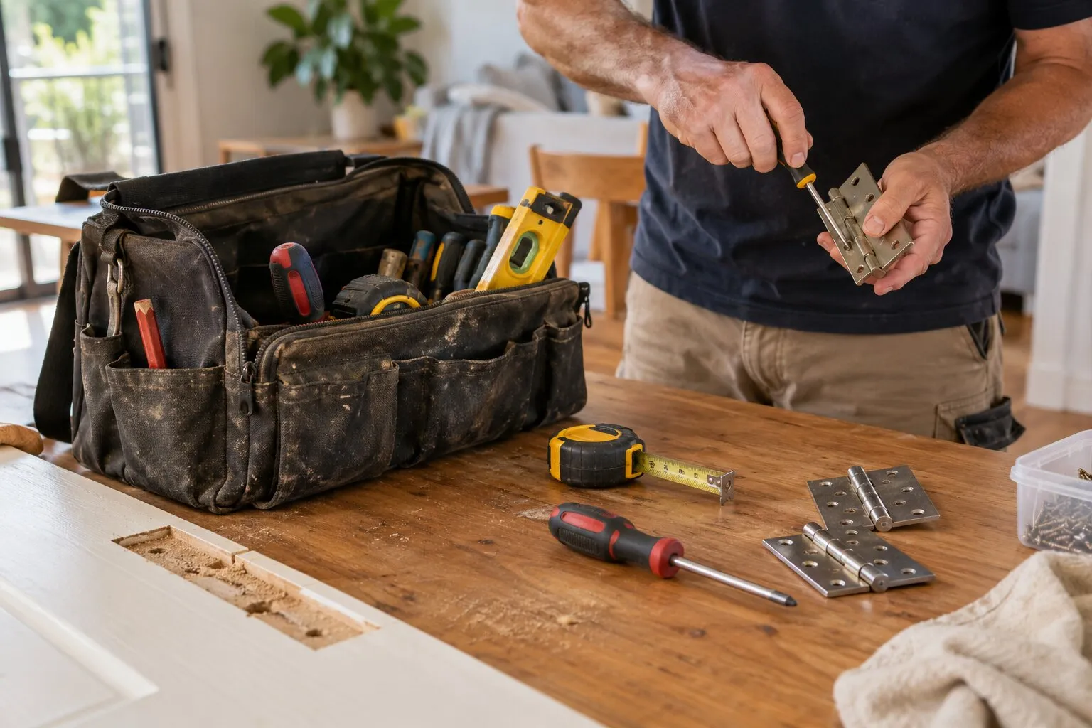 Handyman tools, Bankstown: tape measure, level and screwdriver on a timber bench