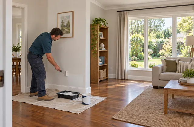A paint roller touching up a small interior wall above a drop cloth